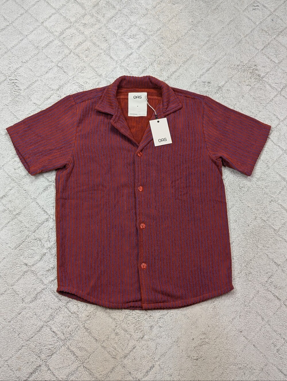 OAS Shirt Mens M Rusty Red Deep Cut Cuba Terry Cotton Button Up Resort NEW